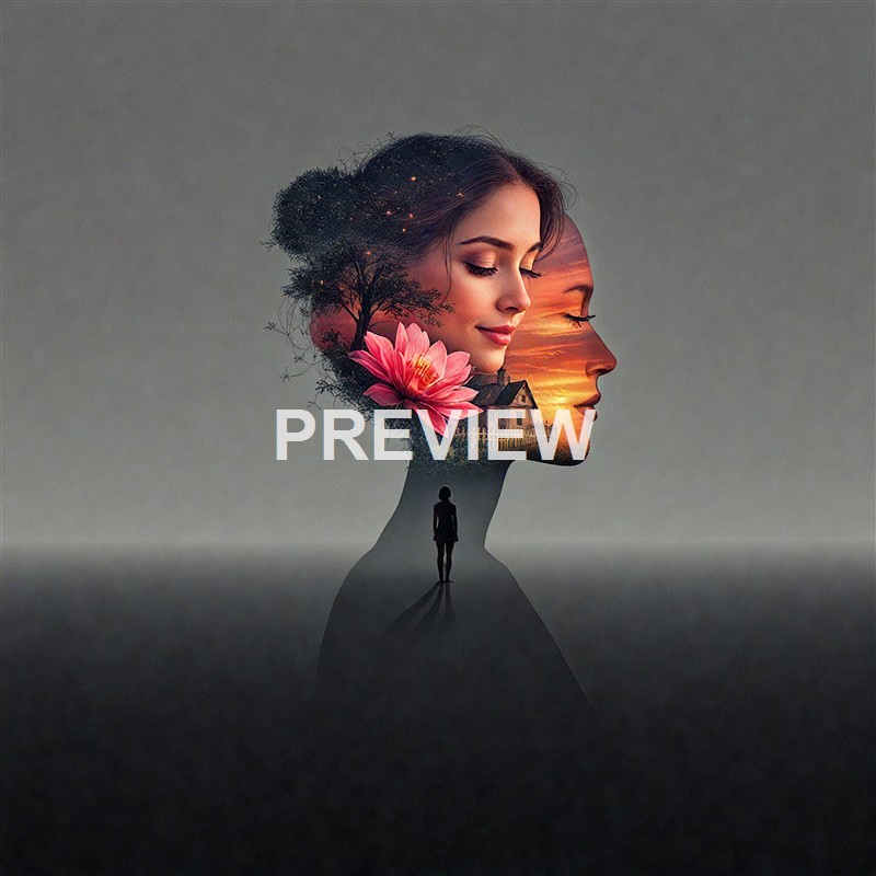 The image features a double exposure of a woman's profile with a serene face, overlaid with natural elements such as a pink lotus flower, trees, a house, and a sunset sky, all blending into a silhouette of a standing woman, set against a plain gray background.